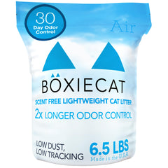 Boxiecat unscented 30-day odor-control litter in 6.5lb helps reduce smells.