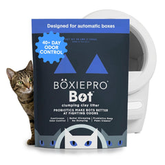 BoxiePro Bot probiotic litter packaging for easy setup in a modern home.