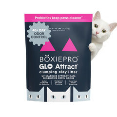 BoxiePro Glo clumping clay 16lb bag shows tight clumps for easy scooping