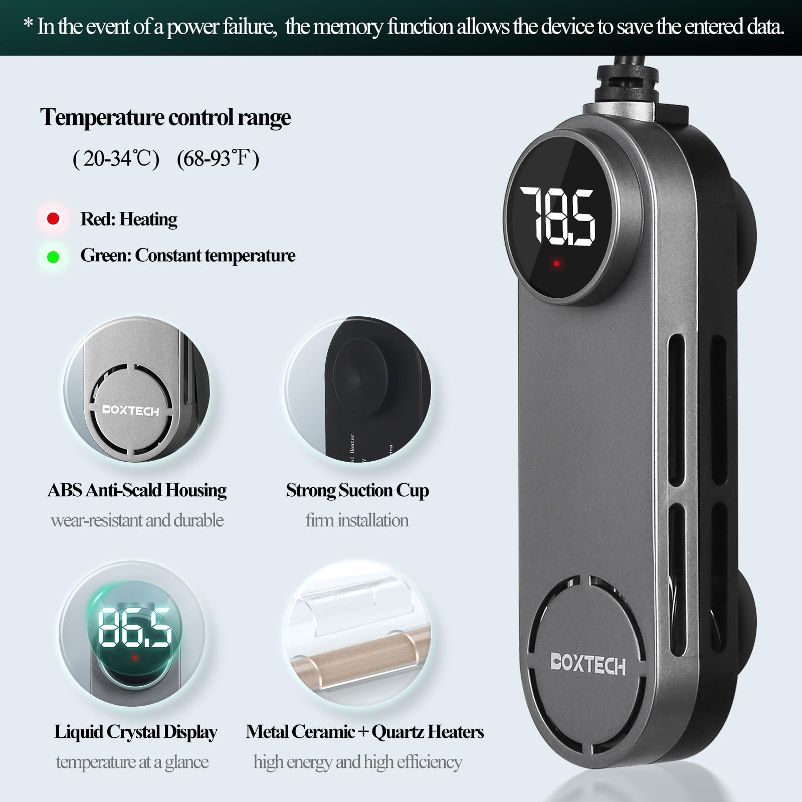 Boxtech 50W mini heater with digital display for easy temperature reading.