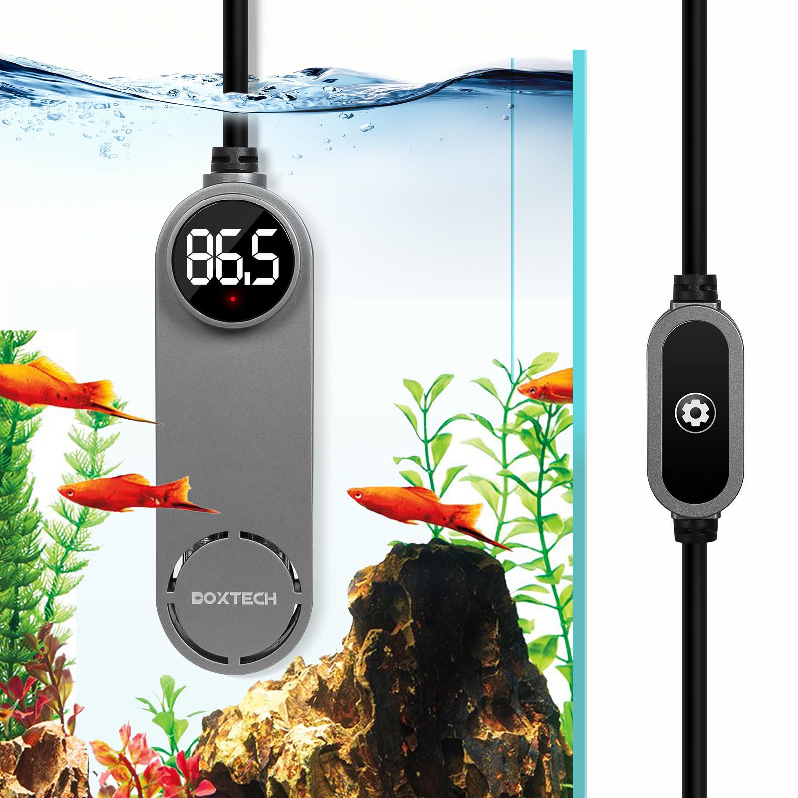 Boxtech 50W mini aquarium heater, front view showing compact design for small tanks.