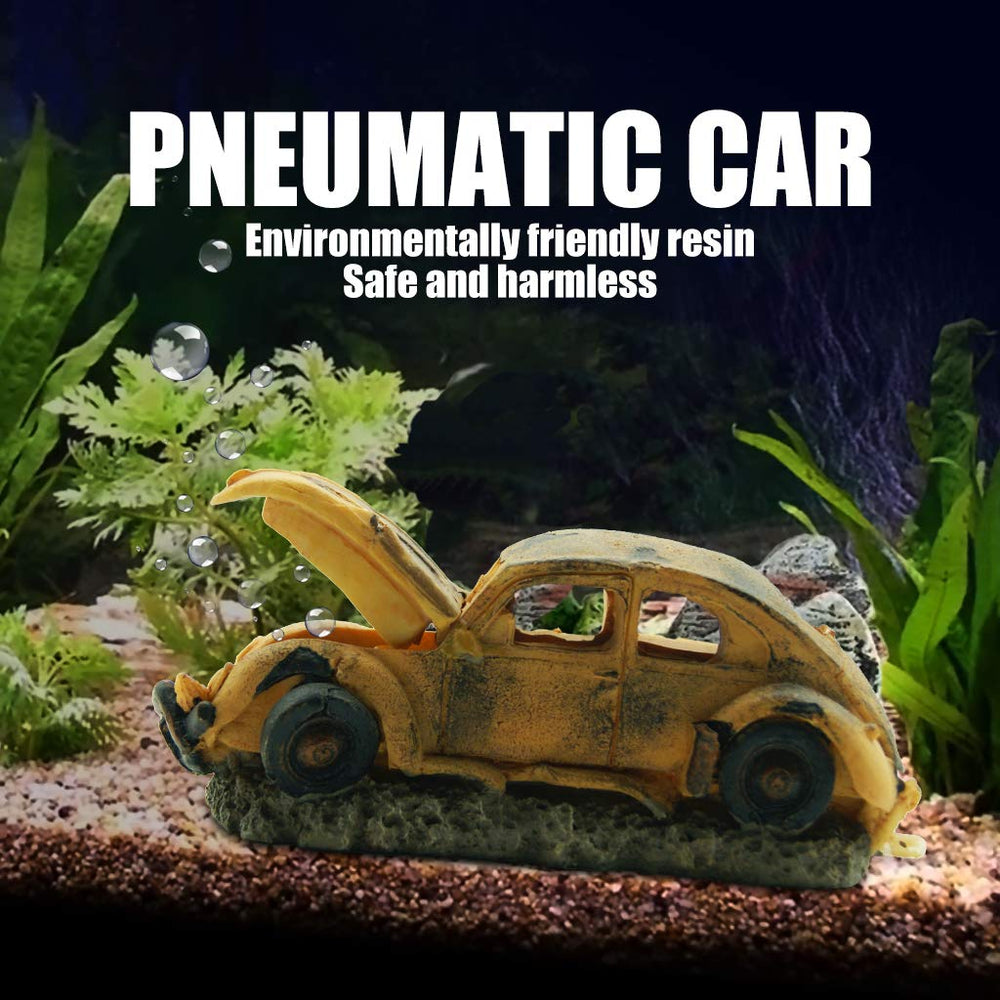 Boxtech resin aquarium ornament car wreck viewed among plants