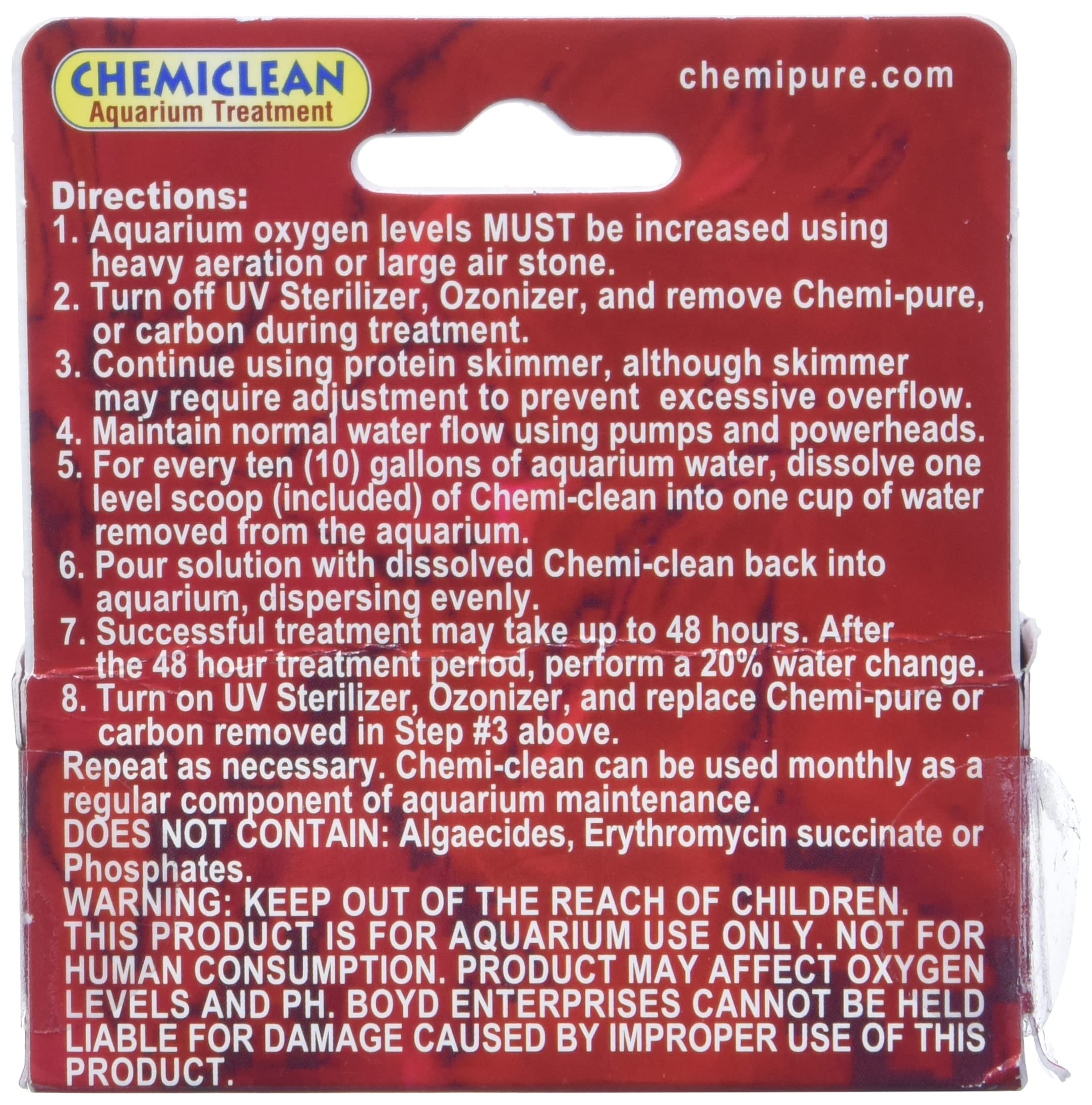 Boyd Chemi-Clean 6g safe for marine and freshwater tanks with nitrifying bacteria.