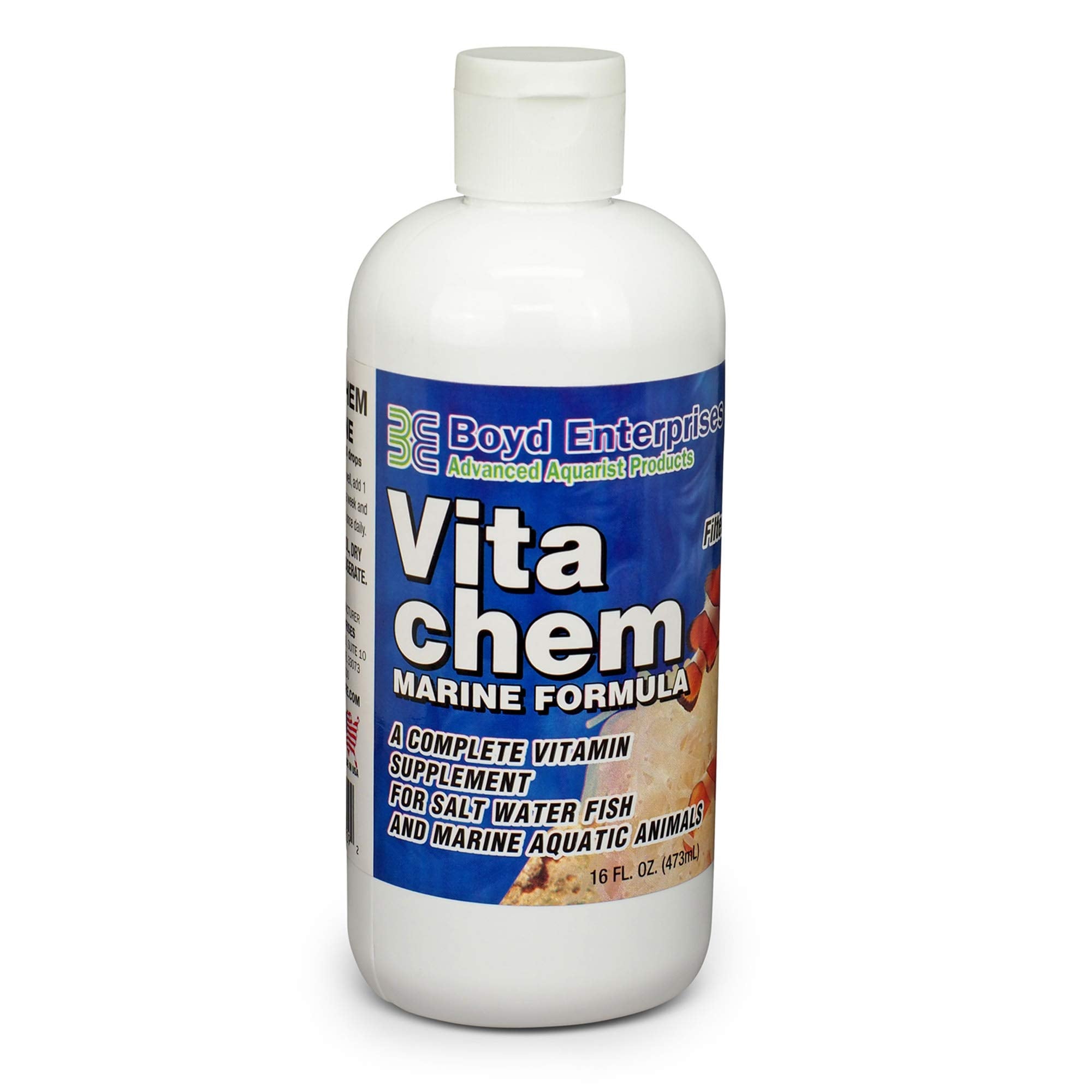 Boyd Enterprises Marine Vitachem bottle supports color enhancement and growth in your aquarium.