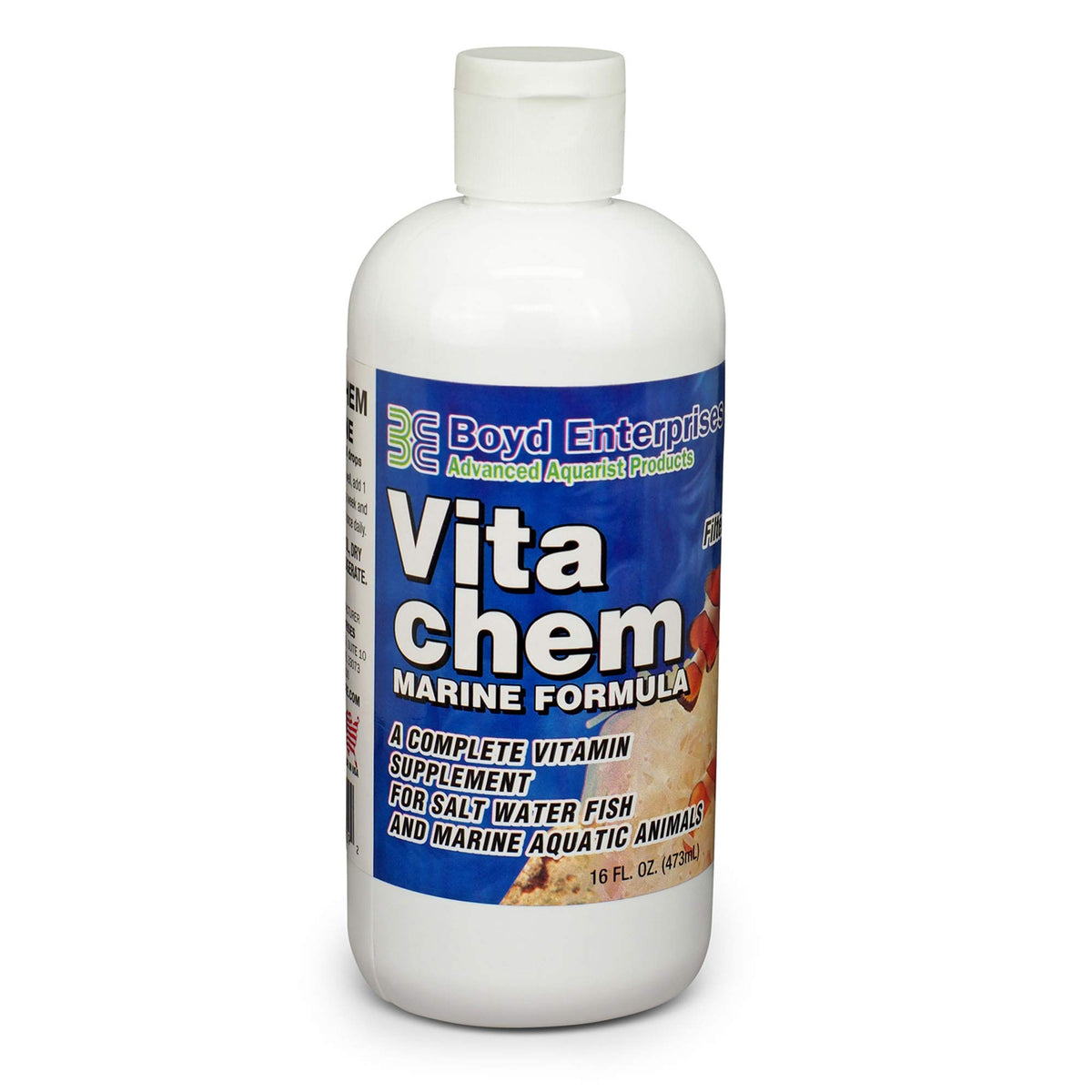 Boyd Enterprises Marine Vitachem bottle supports color enhancement and growth in your aquarium.