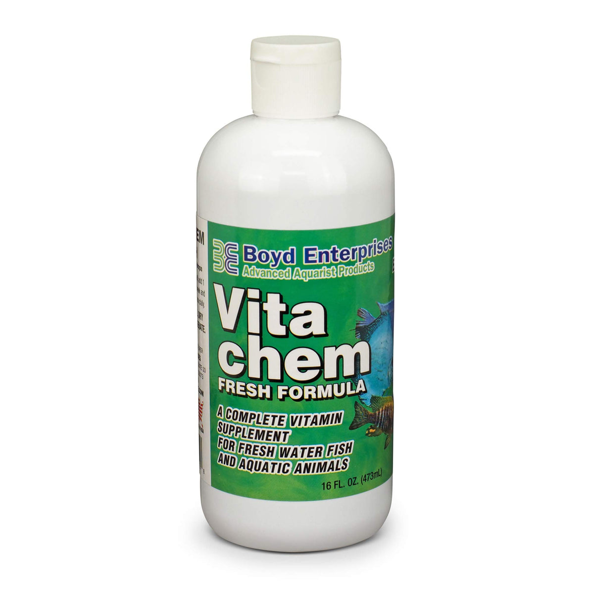 Boyd Enterprises freshwater-vitachem-bottle demonstrates easy dosing for fin health and color.