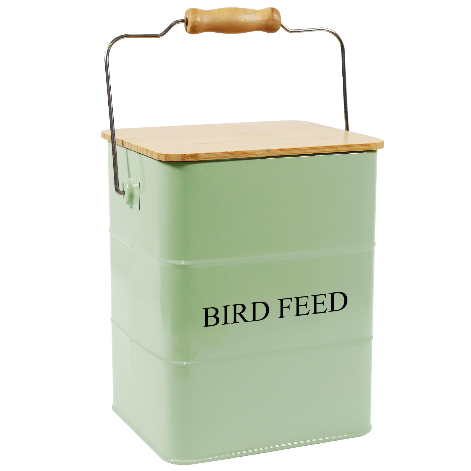 Brabtod metal bird seed bin with wooden lid keeps seeds fresh and organized.