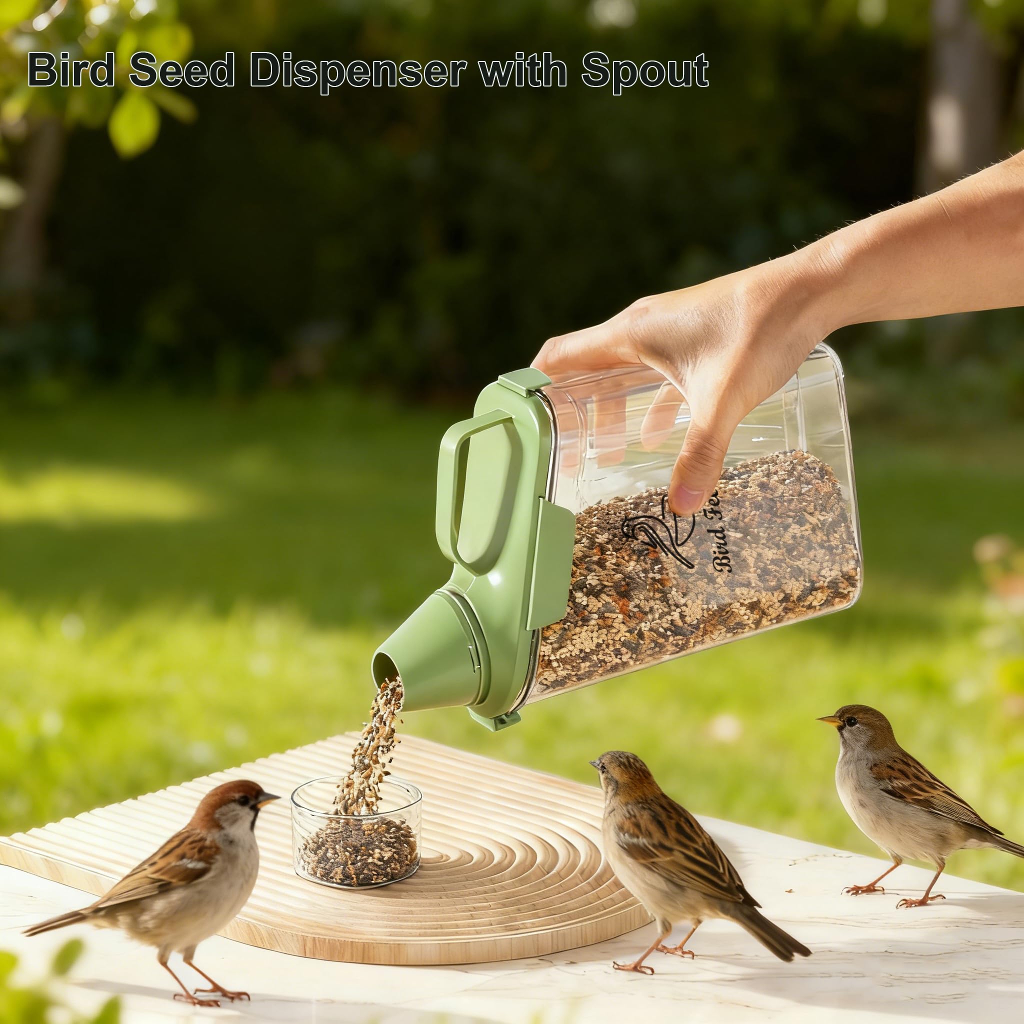 Brabtod seed dispenser with pour spout for easy filling.