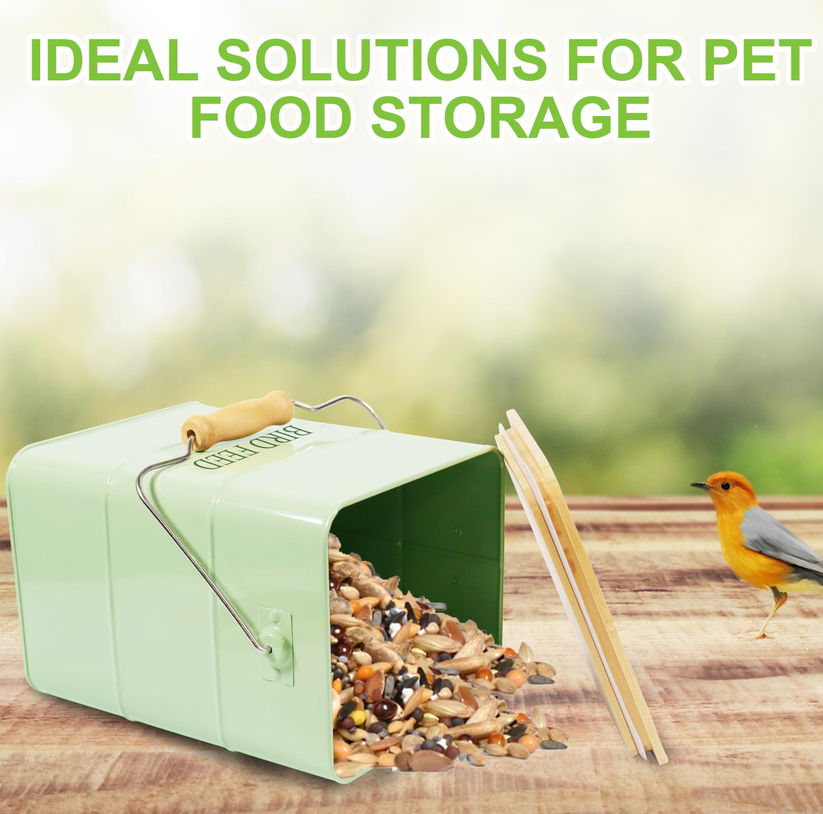 Brabtod vintage farmhouse design complements kitchen or patio décor while storing bird seed.