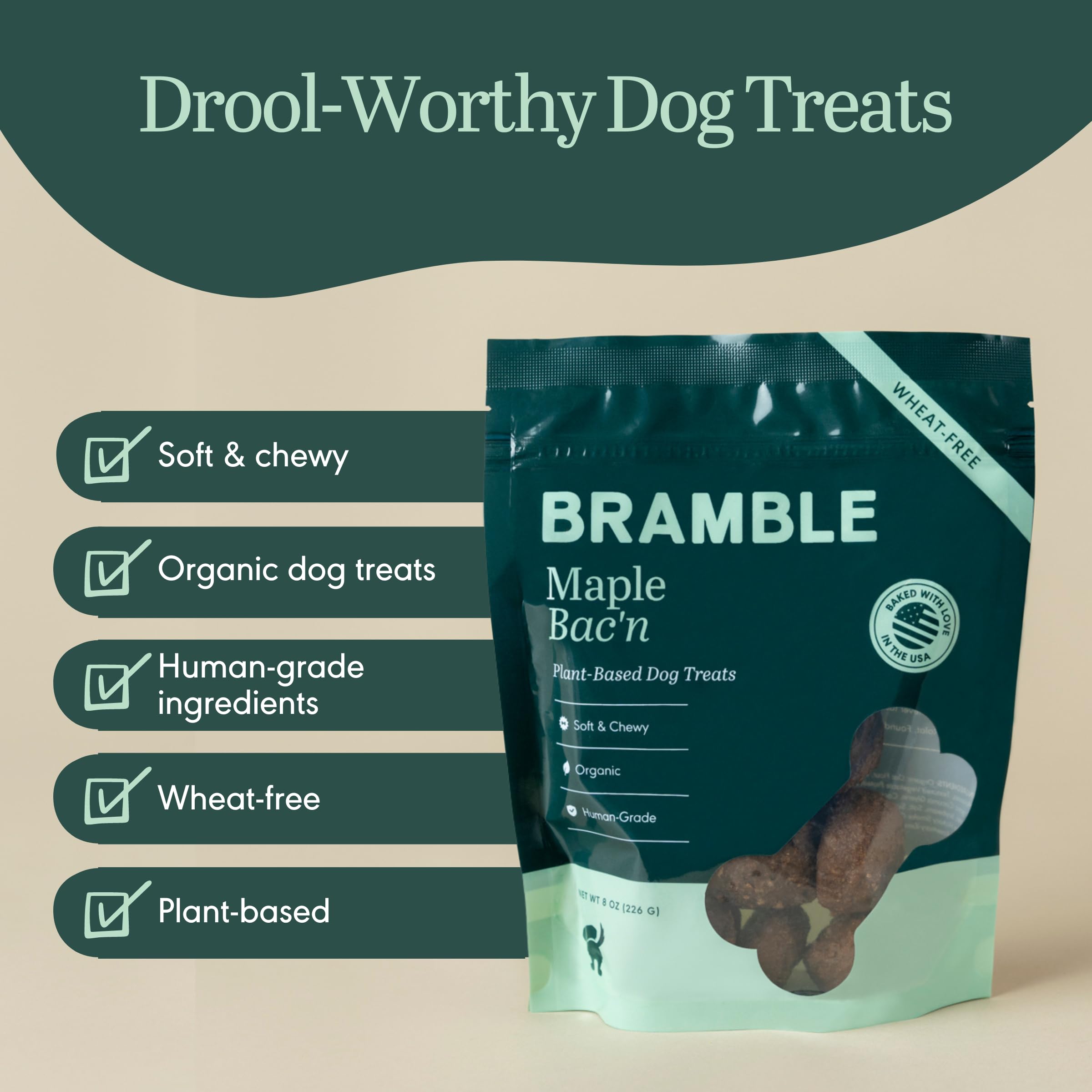 BRAMBLE Maple Bac'n dog treats closeup highlighting soft texture.
