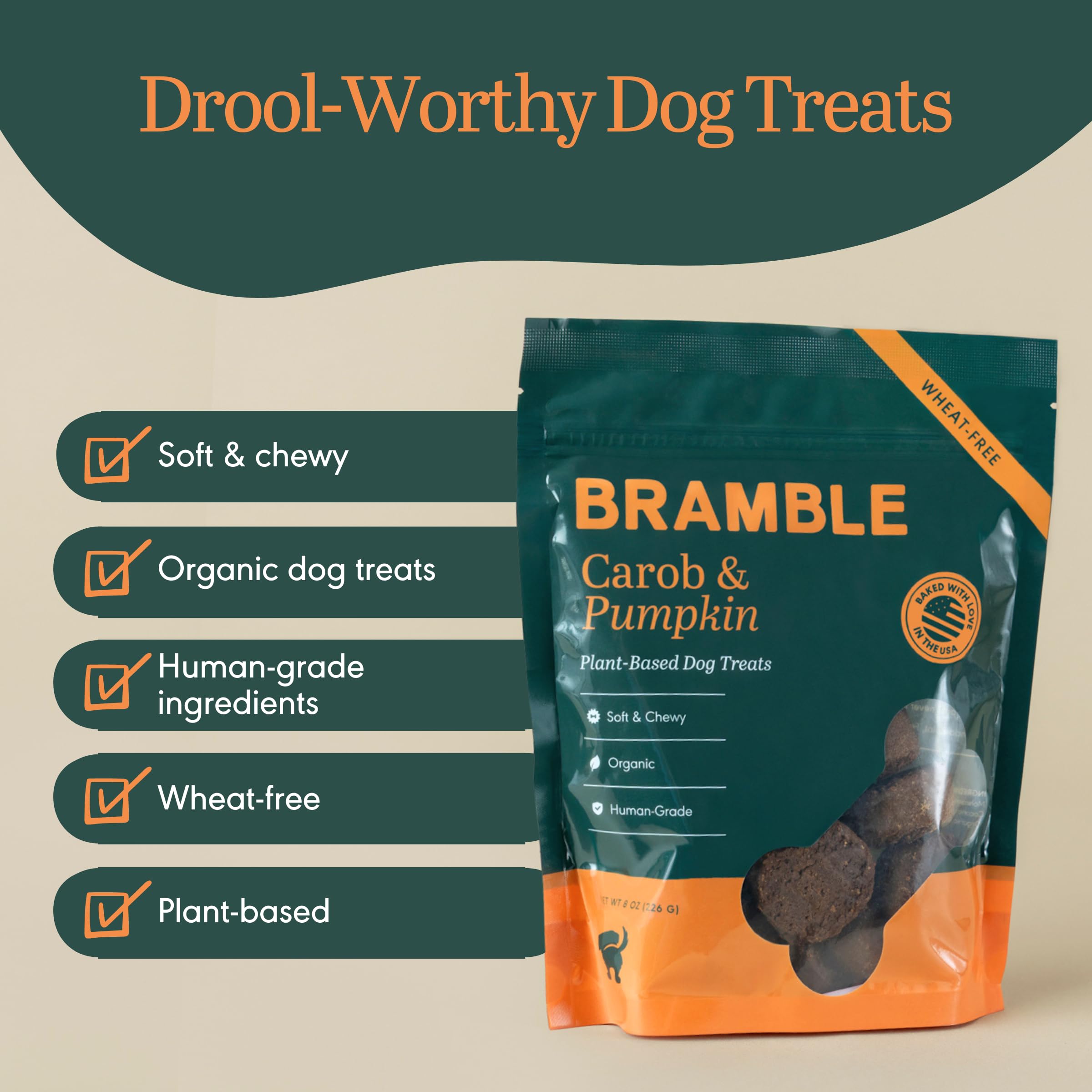 BRAMBLE pumpkin carob treats in a wheat-free recipe for all dogs.