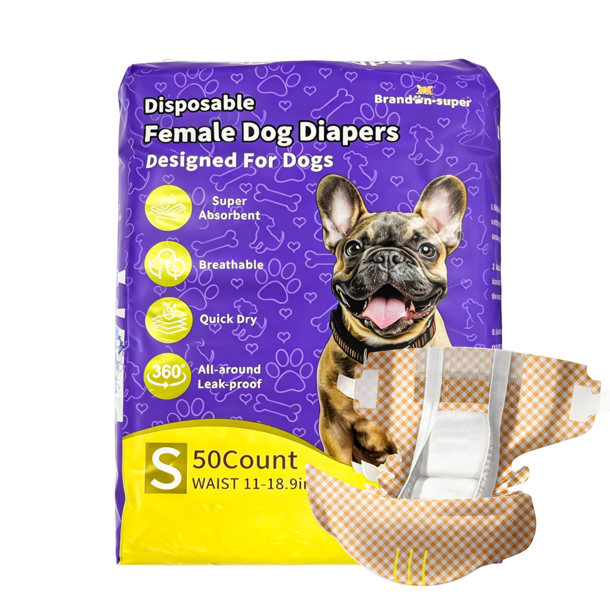 BrandonSuper Dog Diapers female 50ct: leak-proof 360° fit for female dogs.