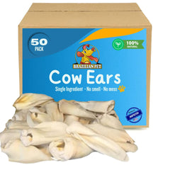 Brazilian Pet cow ear chews 50-pack, durable chew for dogs.