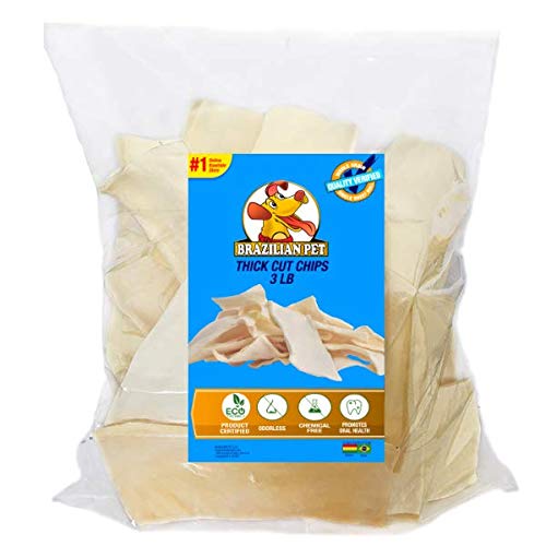 Brazilian Pet Premium thick-cut chips rawhide bag shows long-lasting chew for strong chewers.