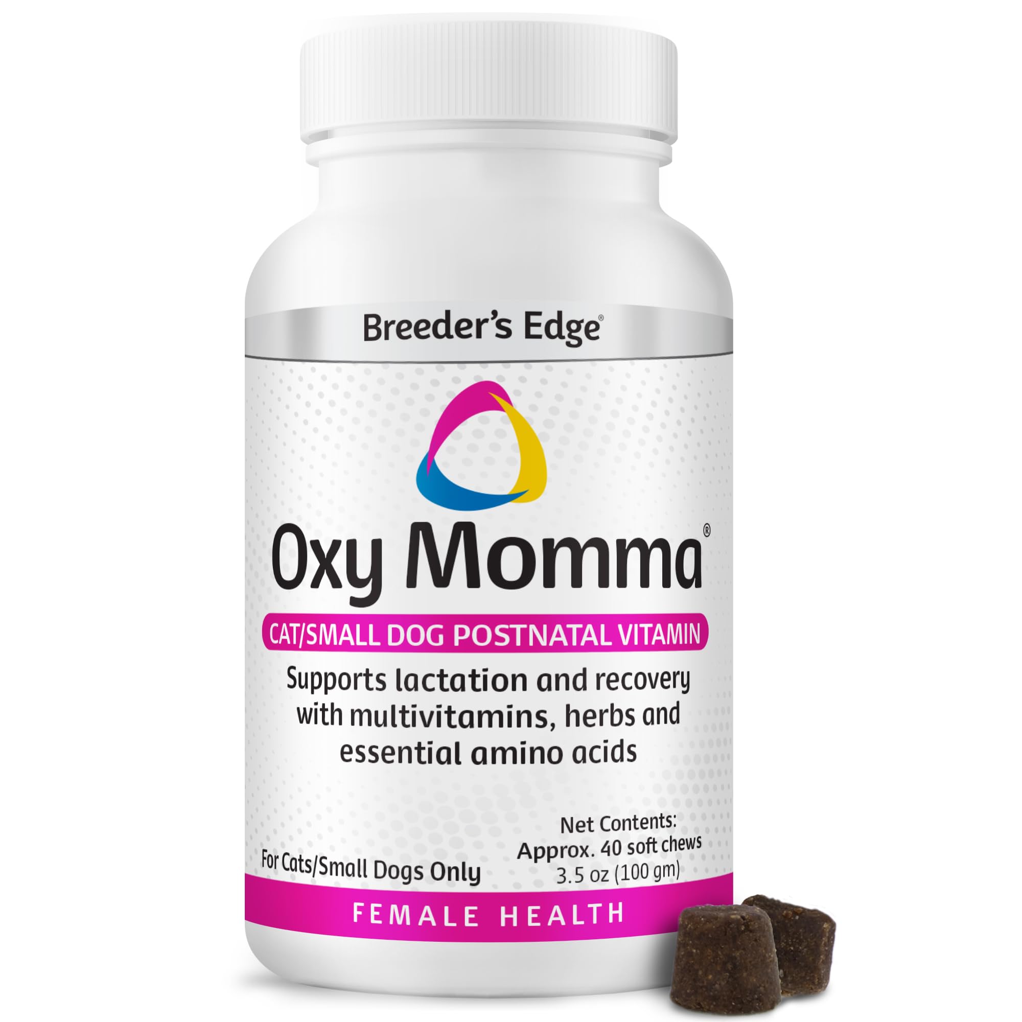 Breeder's Edge Oxy Momma Soft Chews bottle front for convenient postnatal care.