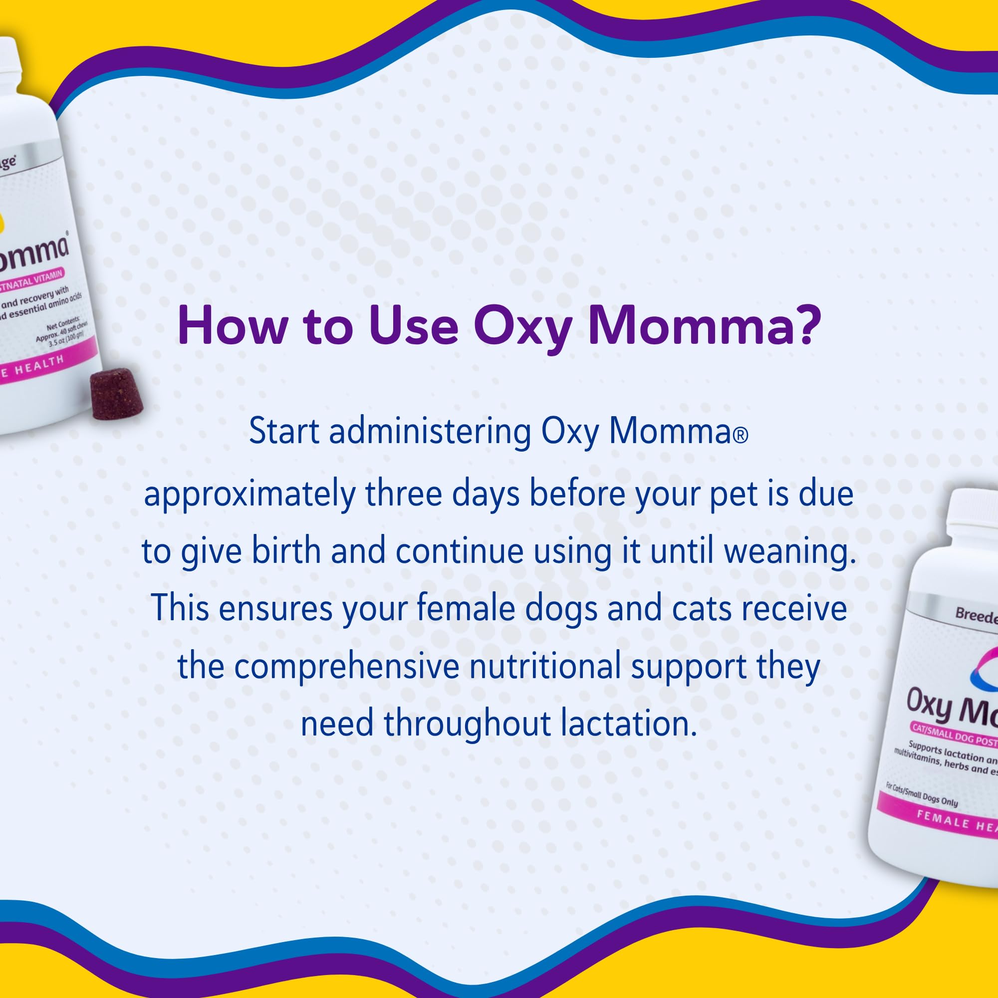 Breeder's Edge Oxy Momma Soft Chews herbal blend image suggesting lactation support.