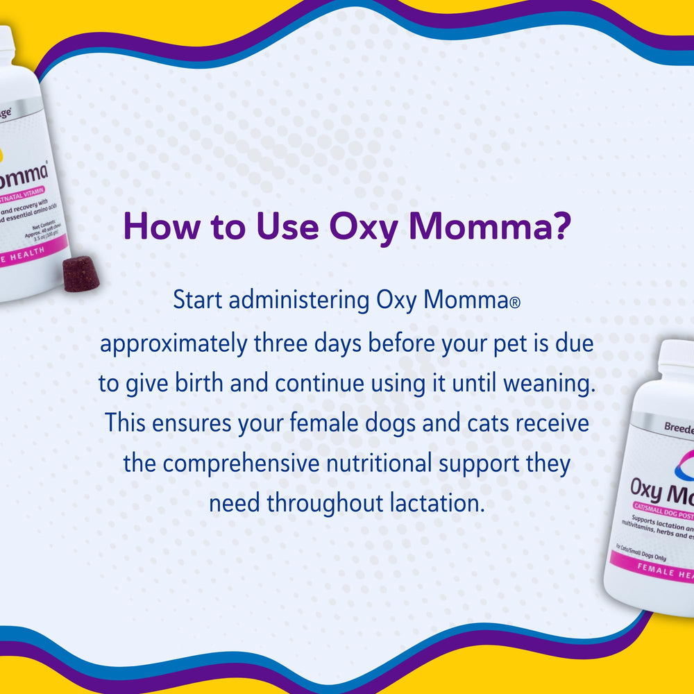 Breeder's Edge Oxy Momma Soft Chews herbal blend image suggesting lactation support.