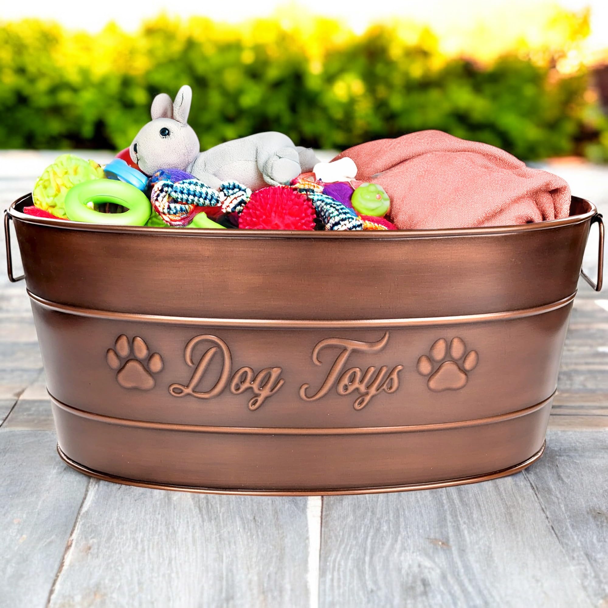 BREKX indestructible dog toy bin with handles for easy transport.