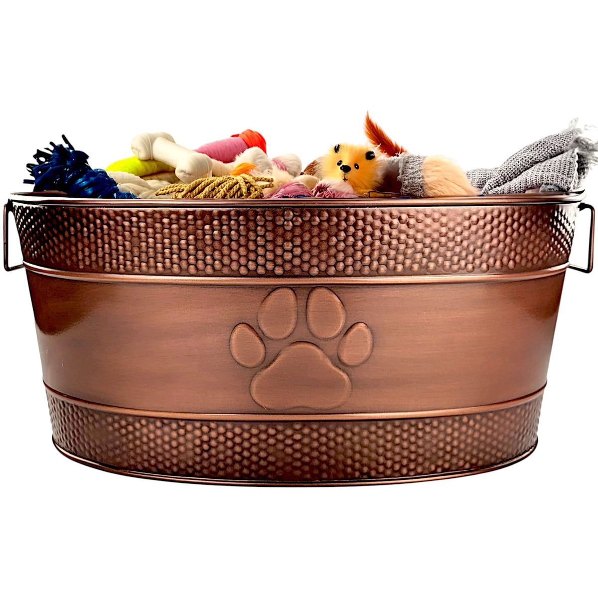 BREKX indestructible metal dog toy bin with handles keeps toys organized.