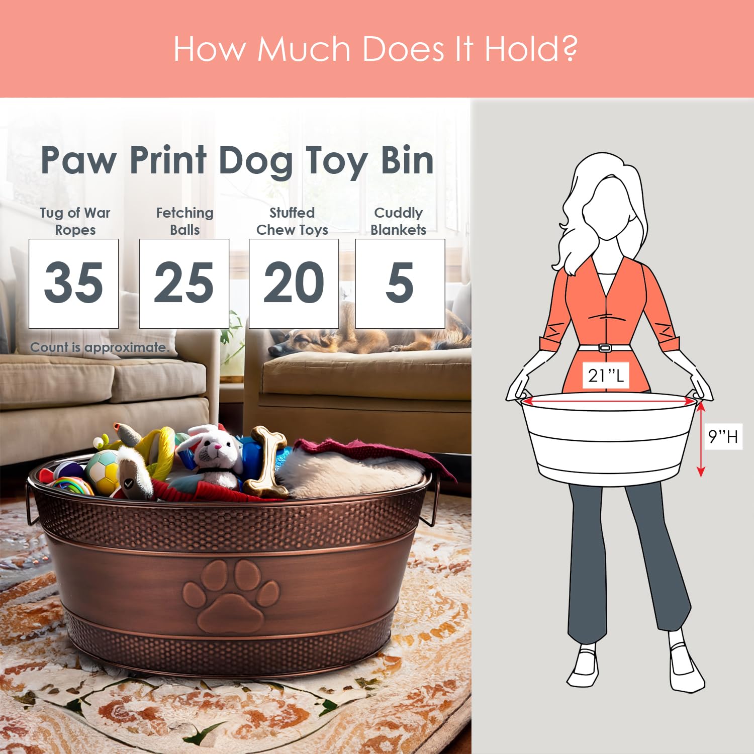 Embossed paw print detail highlights a sturdy storage solution for dog toys.