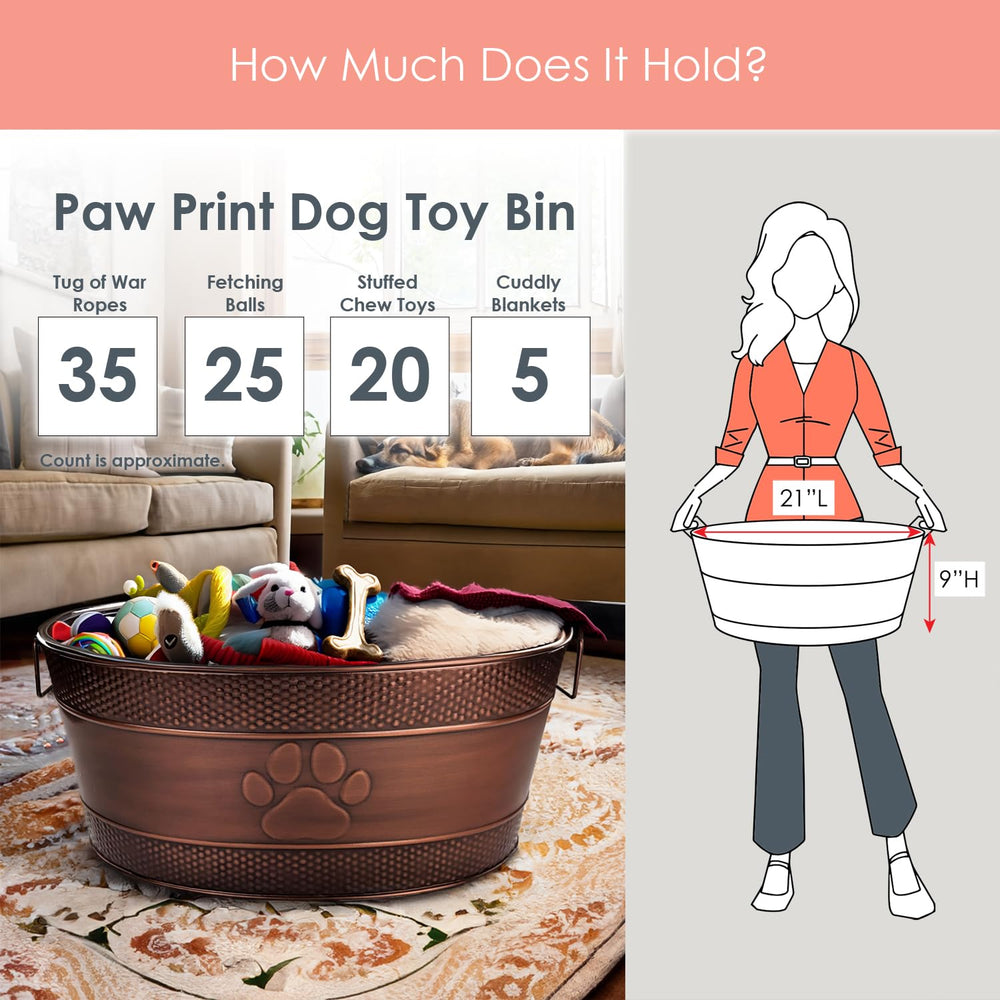 Embossed paw print detail highlights a sturdy storage solution for dog toys.