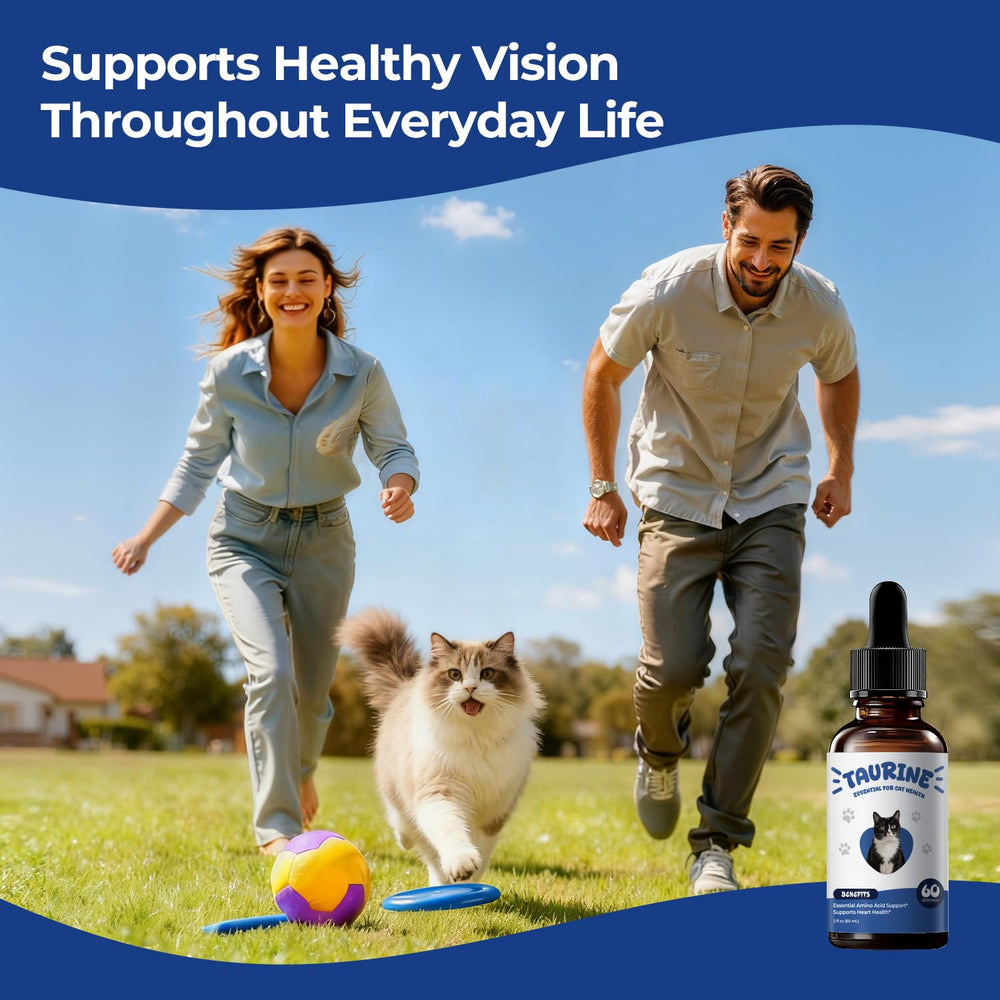 BrightBarki Taurine bottle beside meals supporting feline nutrition.