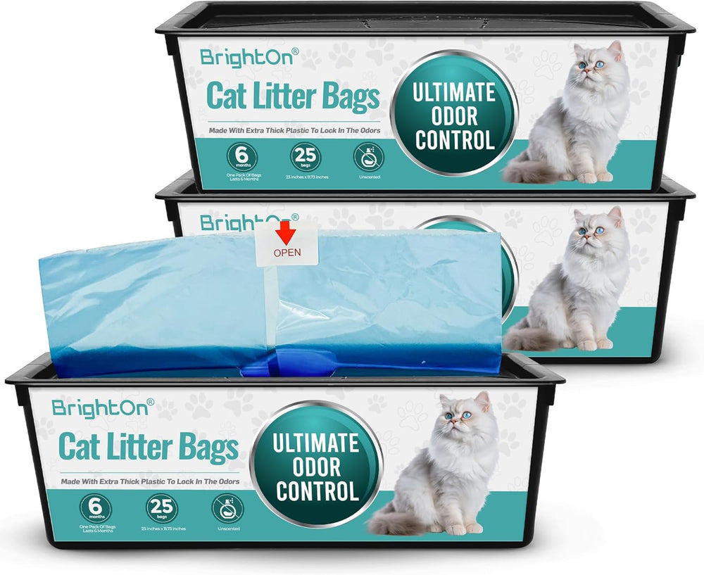 BrightOn Litter Bag Refills packaging shows 75 bags and 3 dispensers for Genie Easy Roll