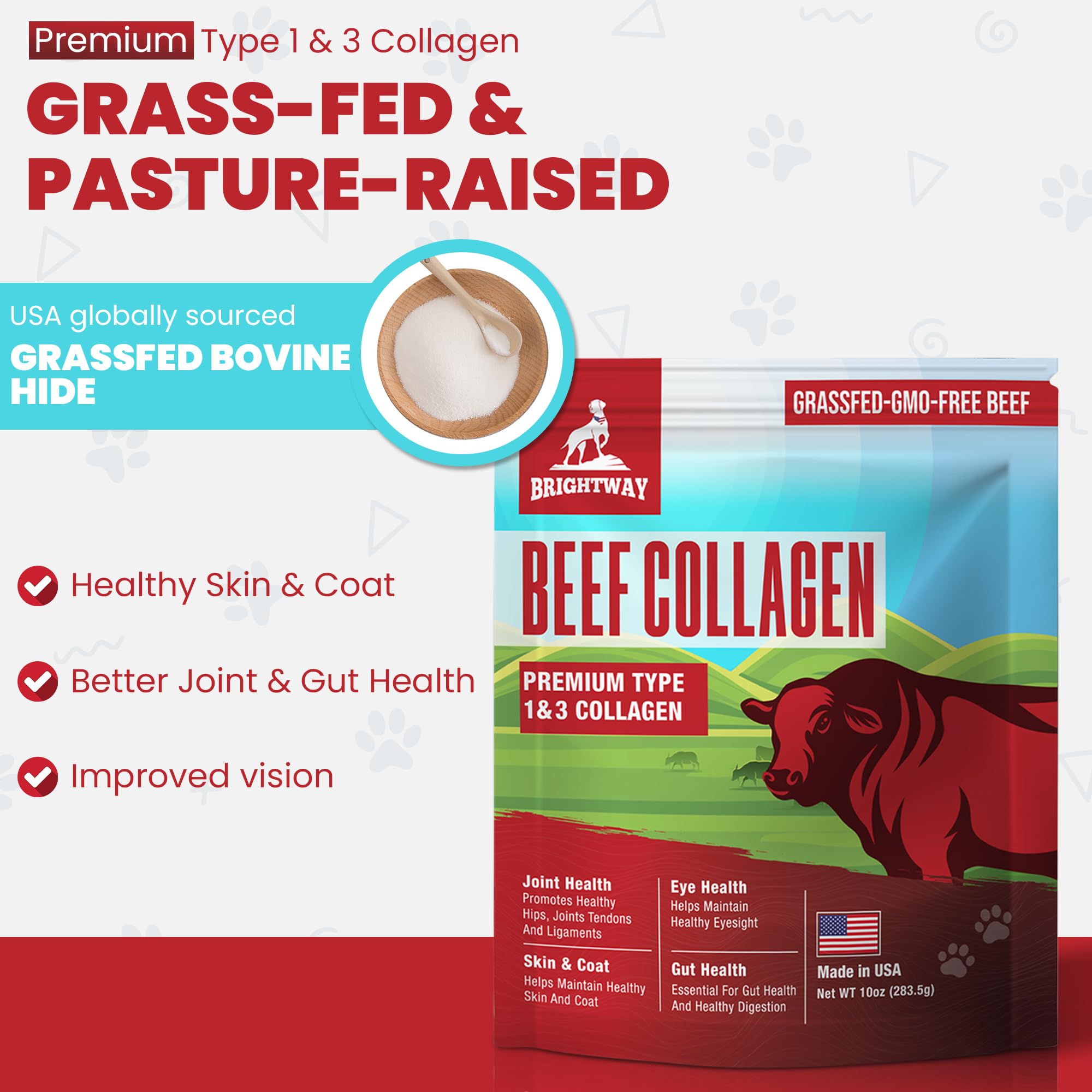 Brightway Pets Grass-Fed Collagen for Dogs pouring image shows smooth mixability
