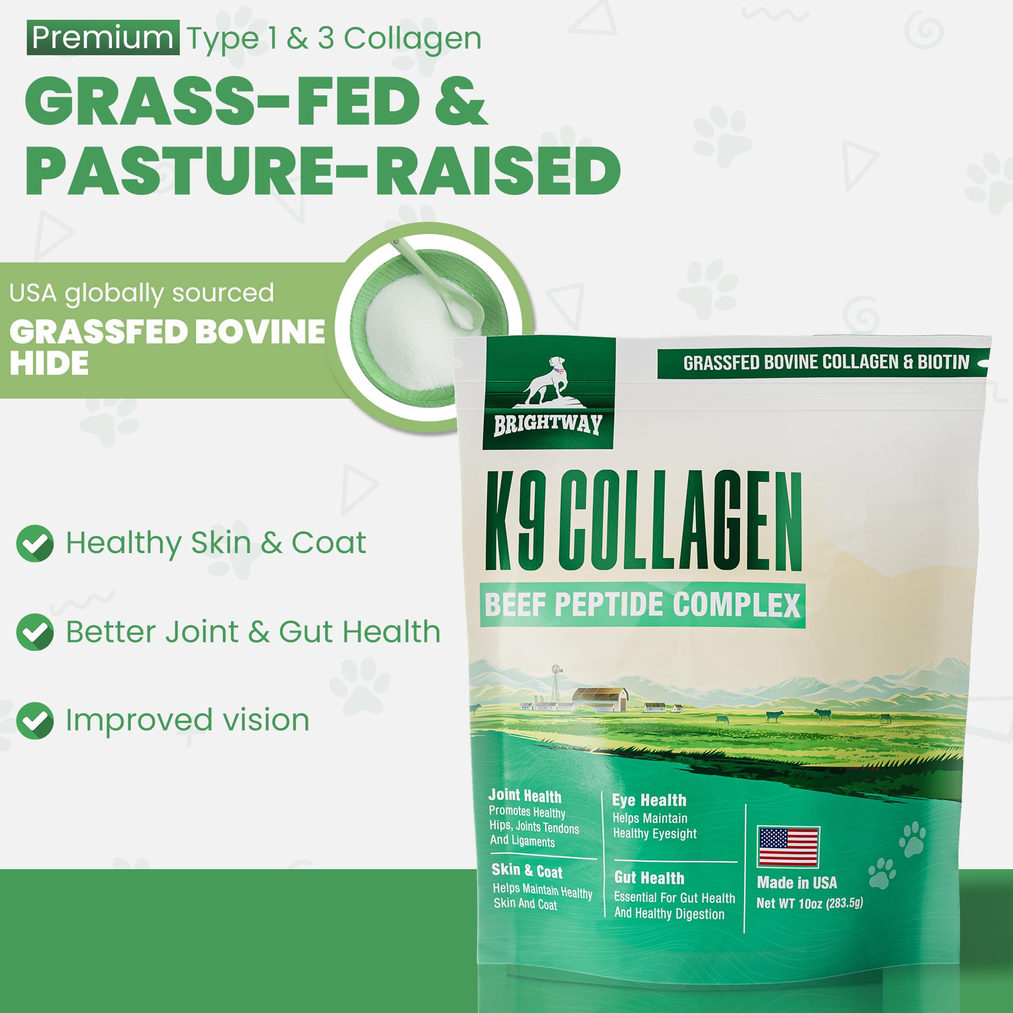 Brightway Pets K9 Collagen peptide complex packaging highlights 3+ month value.