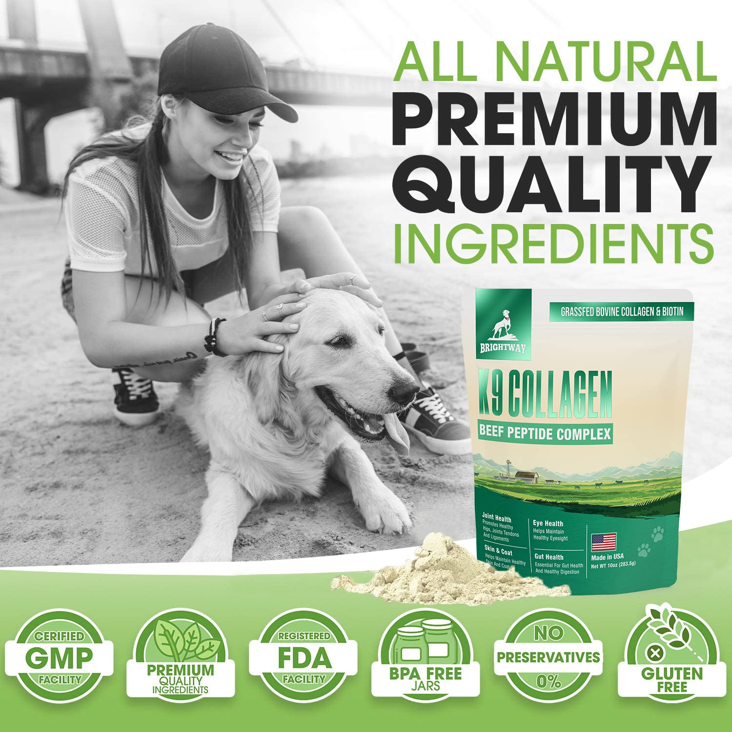 Brightway Pets K9 Collagen peptide complex bottle with dog in motion for mobility.
