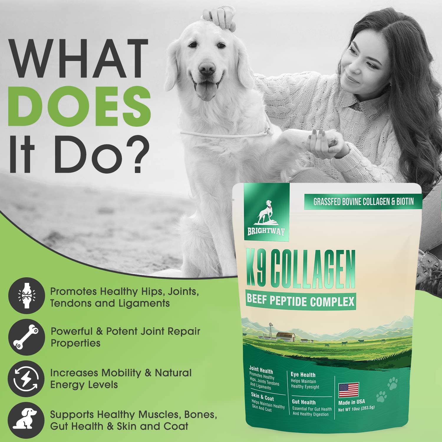 Brightway Pets K9 Collagen peptide complex jar illustrating gut health support.