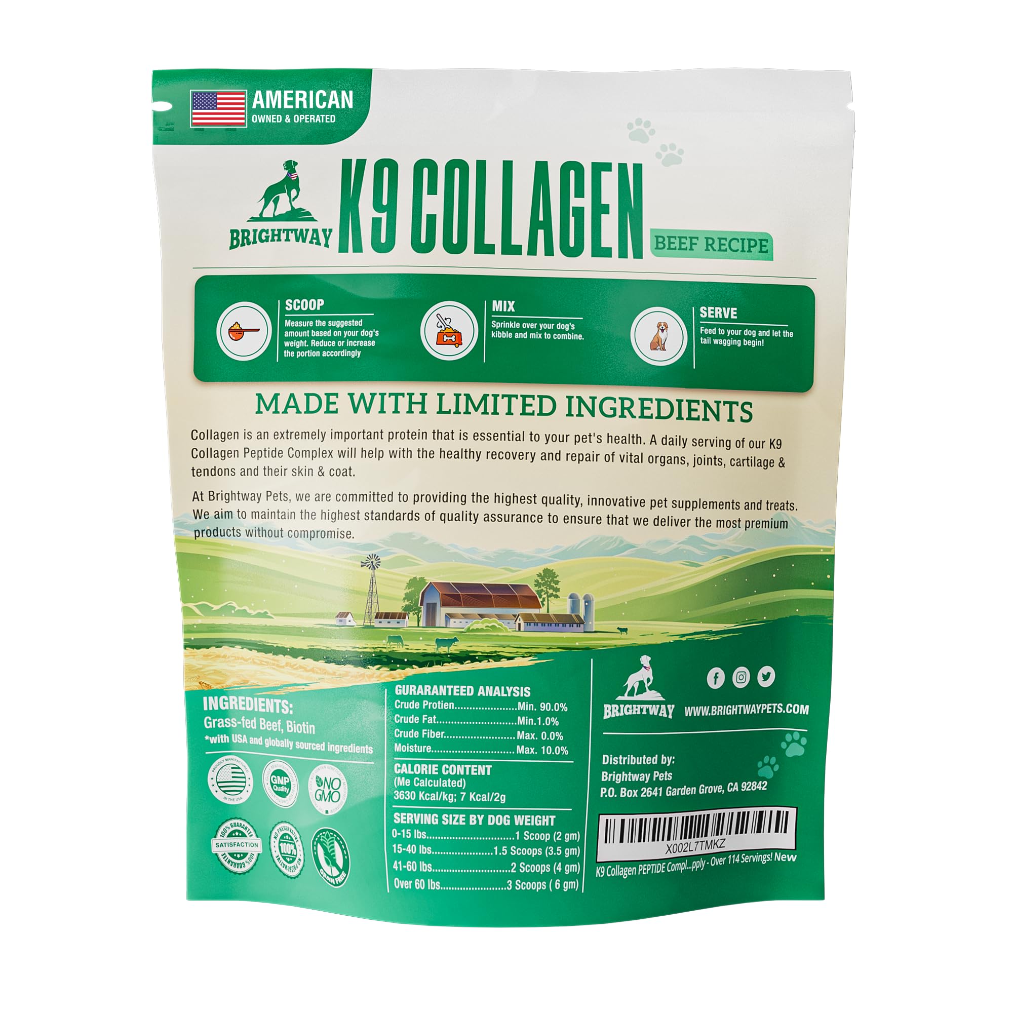 Brightway Pets K9 Collagen peptide complex label close-up showing quality ingredients.