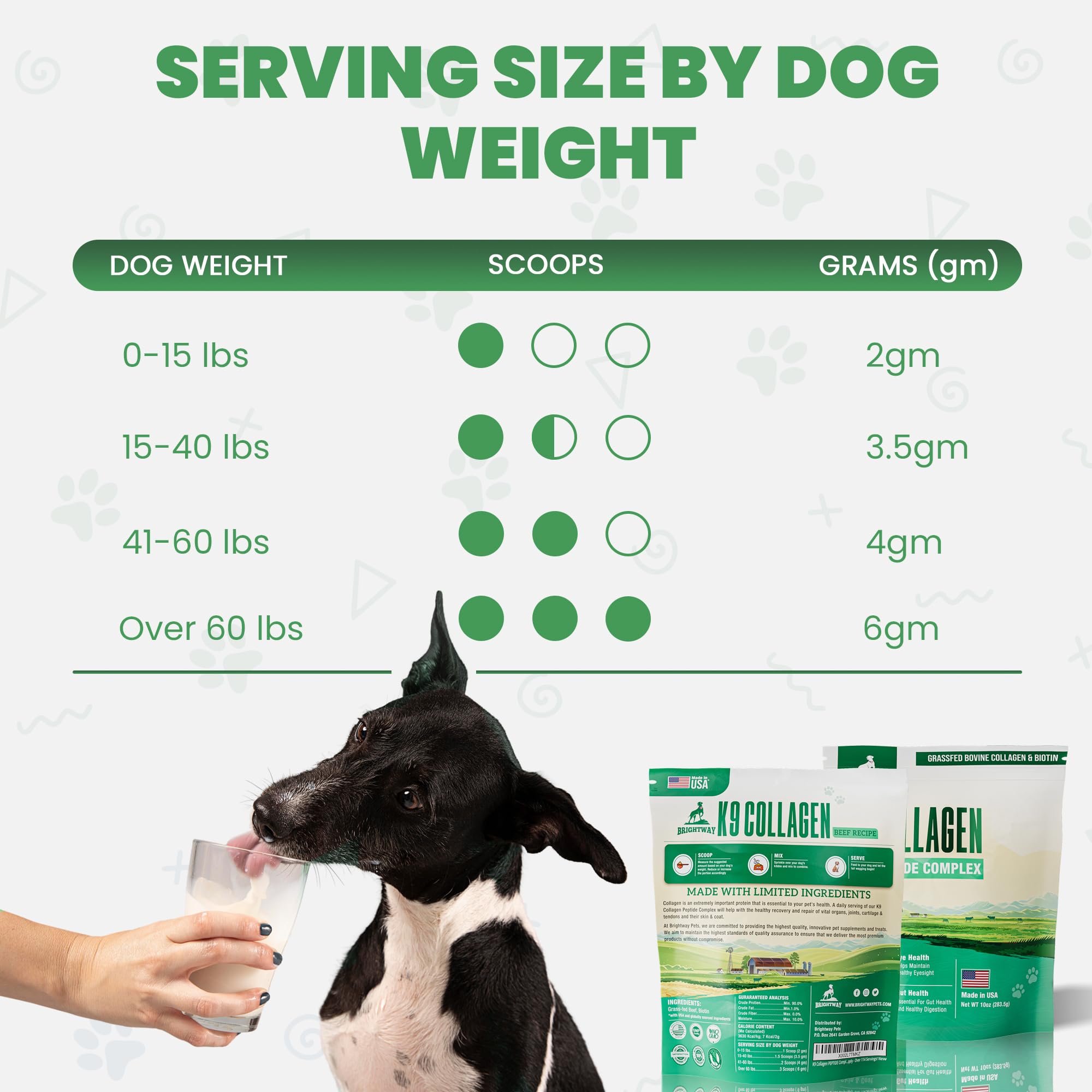 Brightway Pets K9 Collagen peptide complex jar opened, showing texture and servings.