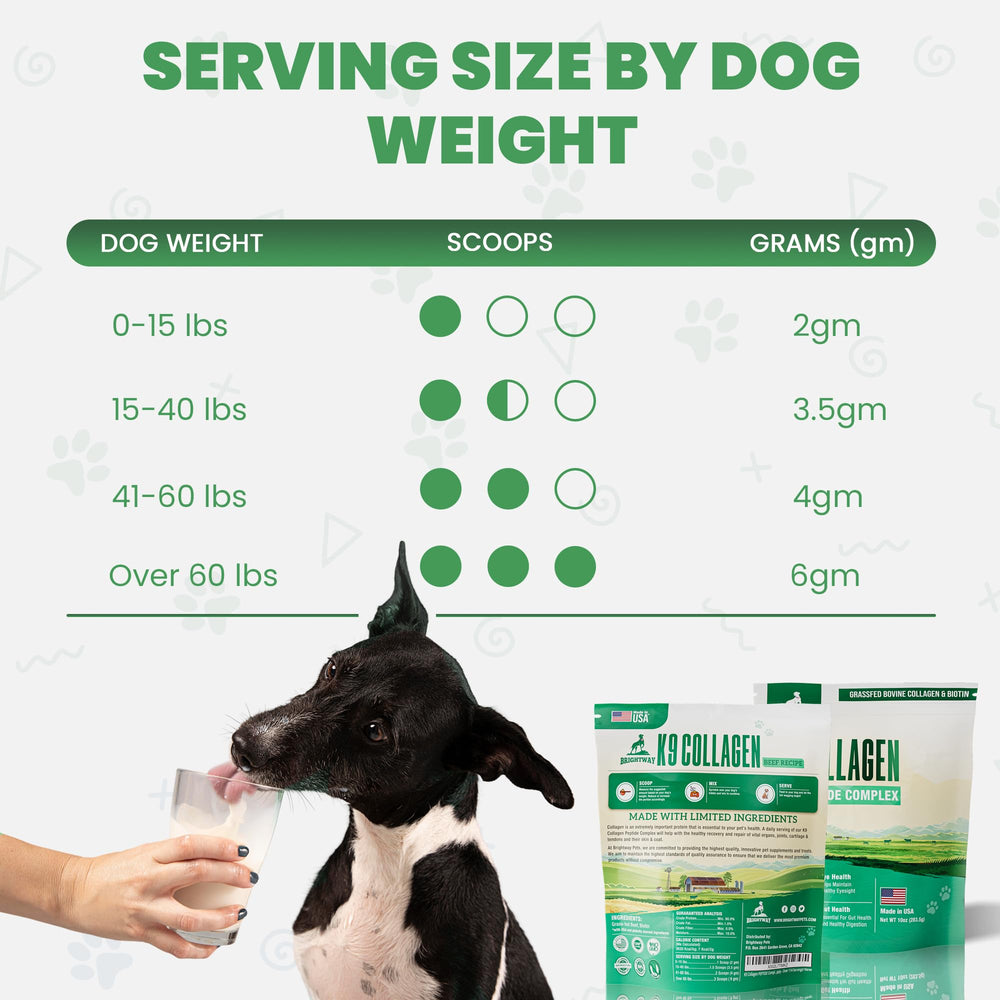 Brightway Pets K9 Collagen peptide complex jar opened, showing texture and servings.