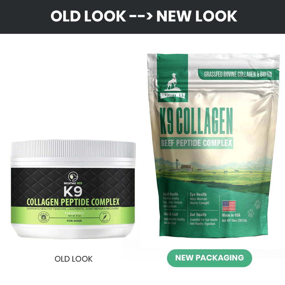 Brightway Pets K9 Collagen peptide complex USA facility stamp on packaging.