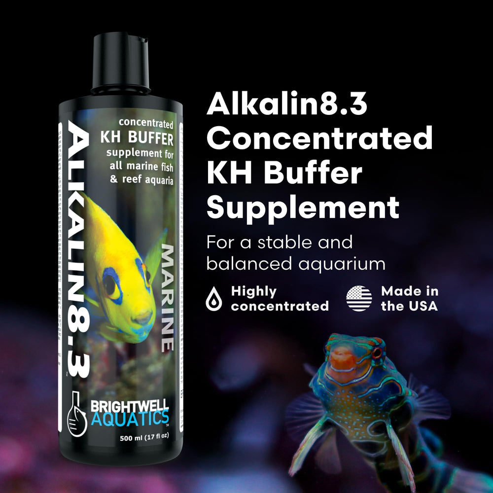 Brightwell Aquatics Alkalin8.3 label visible showing 8.3 pH target for reef