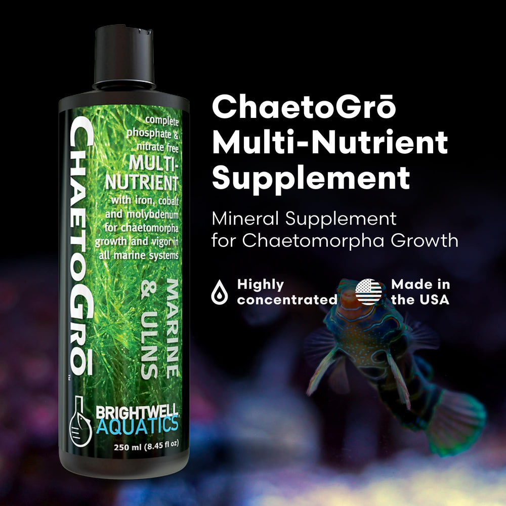 Brightwell ChaetoGro bottle-label highlights 13 essential elements for chaeto health.