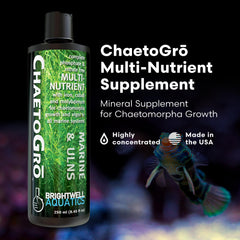 Brightwell ChaetoGro bottle-label highlights 13 essential elements for chaeto health.