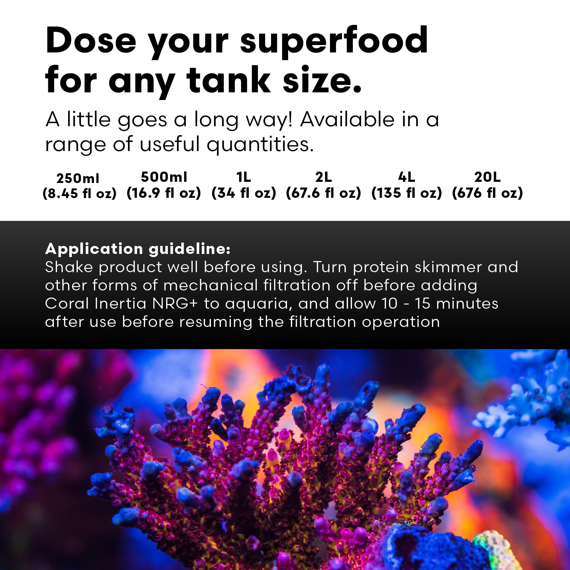 Brightwell Aquatics Coral Inertia NRG+ bottle highlights long shelf life and easy storage.
