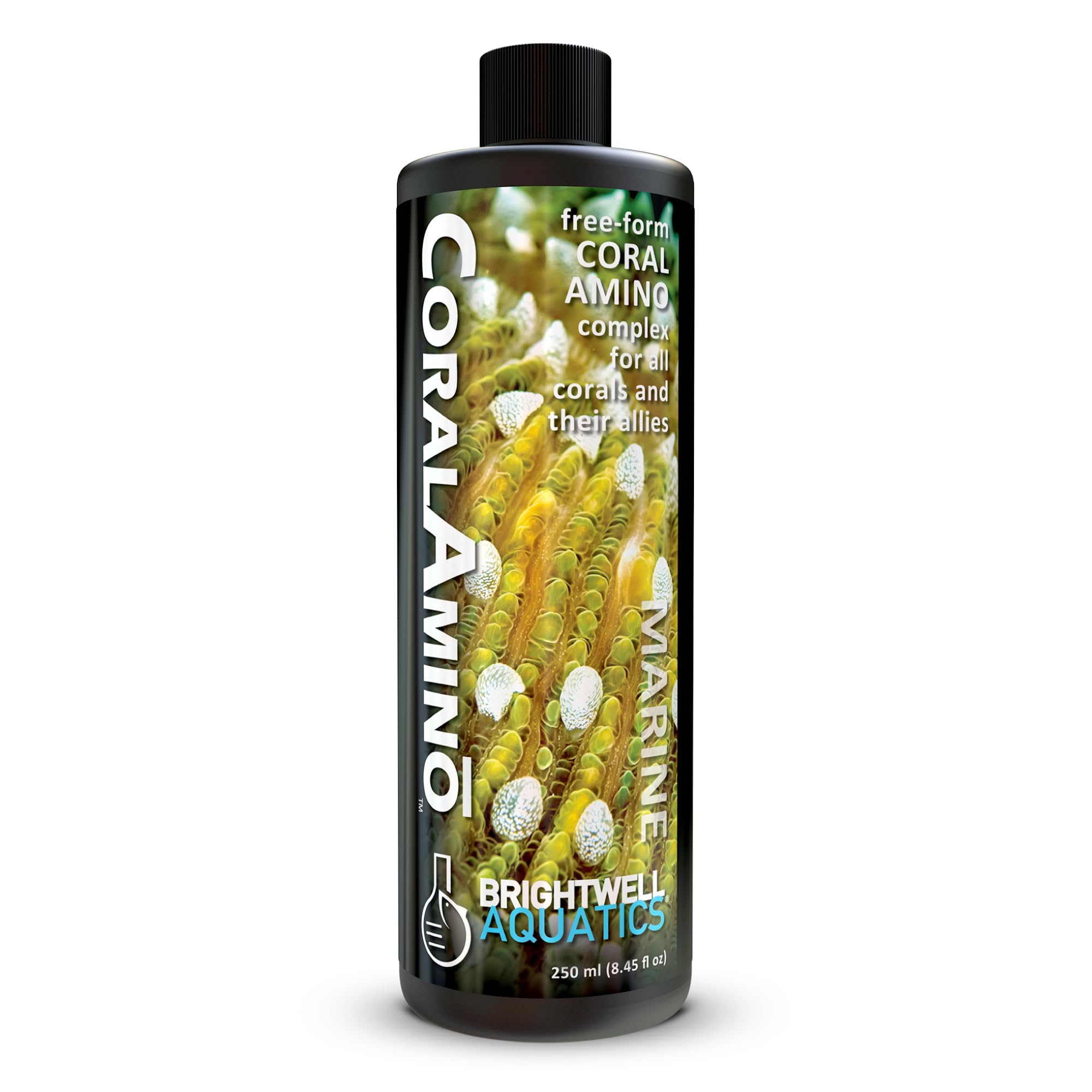 Brightwell Aquatics CoralAmino bottle pour demonstrates easy dosing for coral tissue growth.
