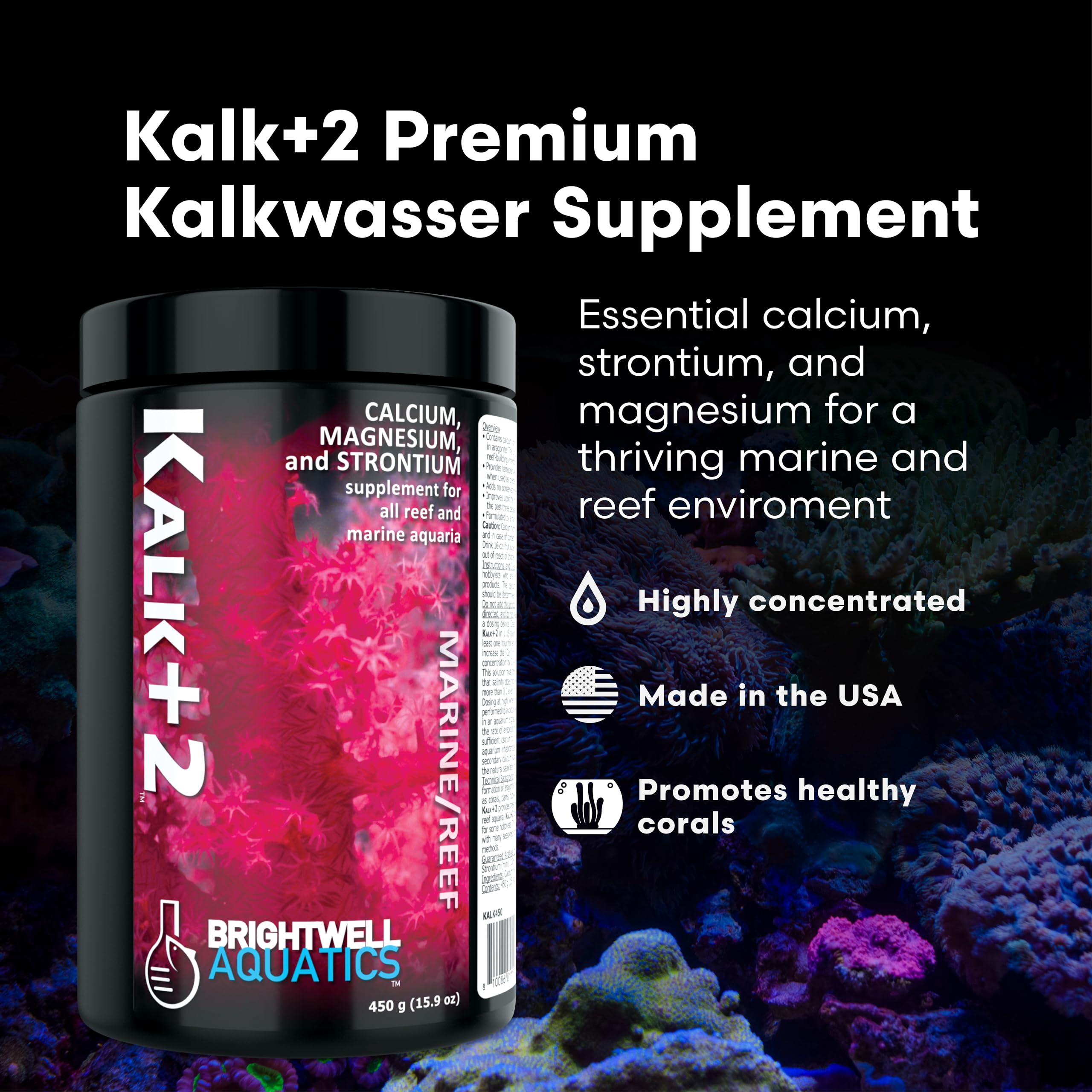Brightwell Kalk+2 powder jar with scoop for easy dosing in reef tanks.
