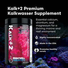 Brightwell Kalk+2 powder jar with scoop for easy dosing in reef tanks.