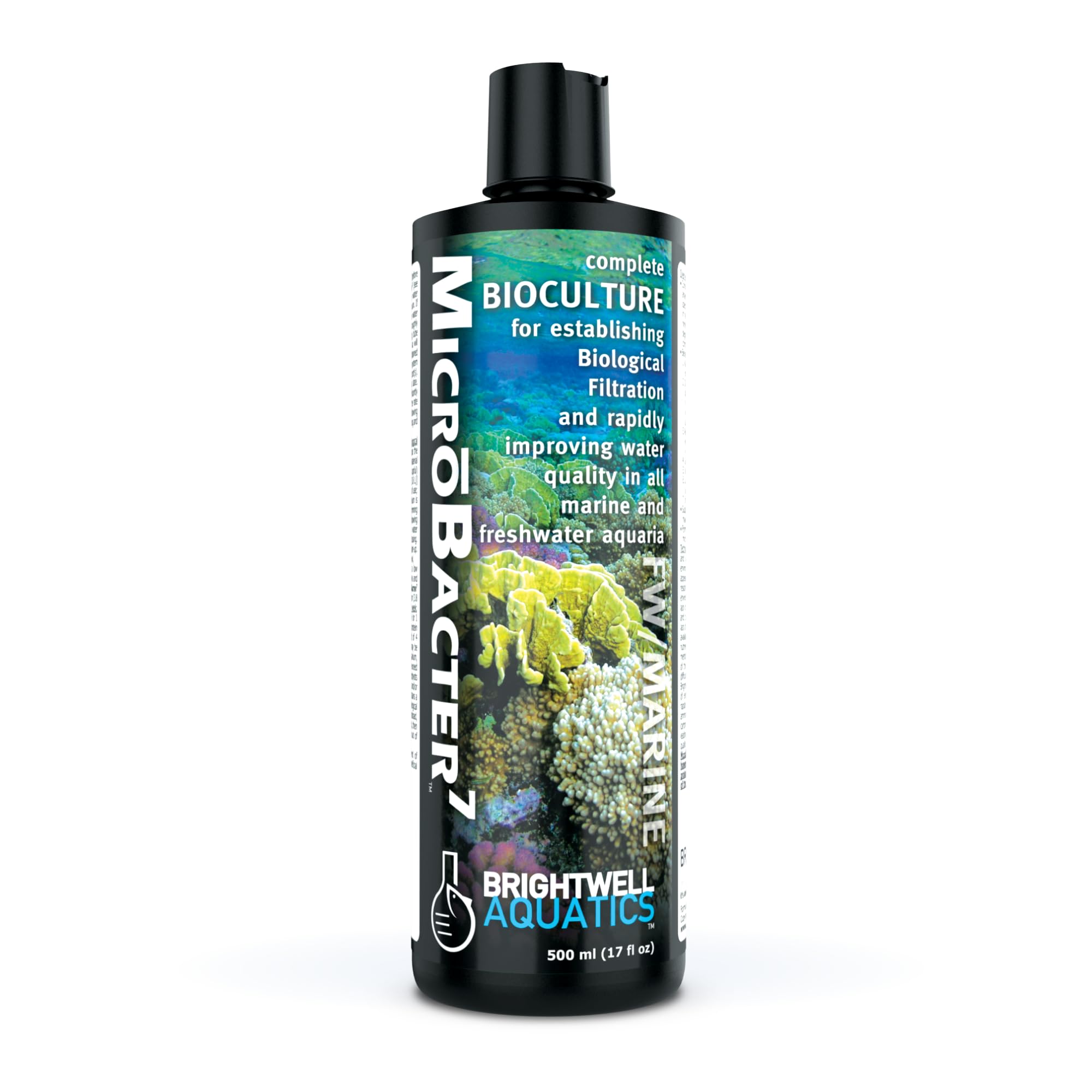 Brightwell Aquatics MicroBacter7 bottle front promotes reliable filtration.
