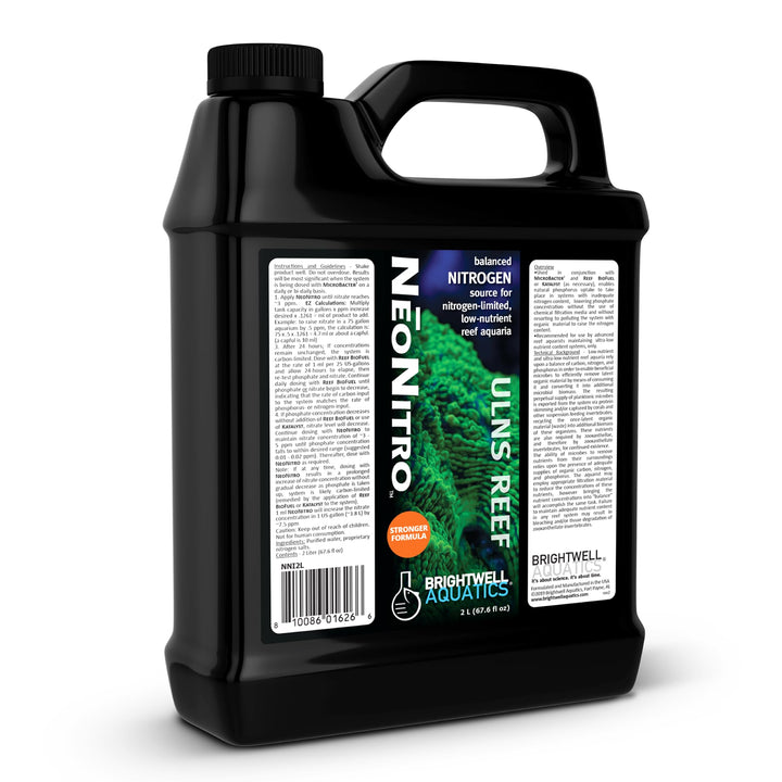 Brightwell NeoNitro nitrogen-supplement-bottle for reef tanks improves nutrient balance.