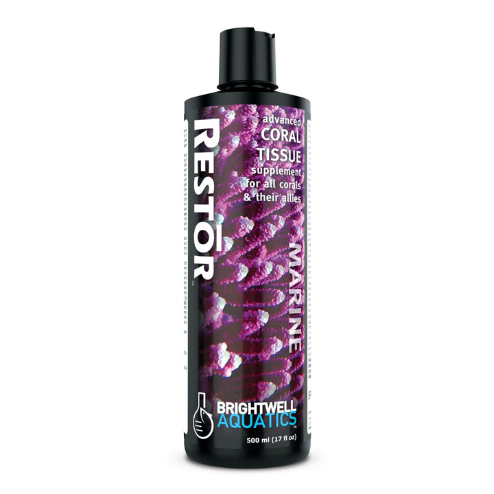 Brightwell Restor liquid coral tissue bottle boosts growth and color in saltwater tanks.