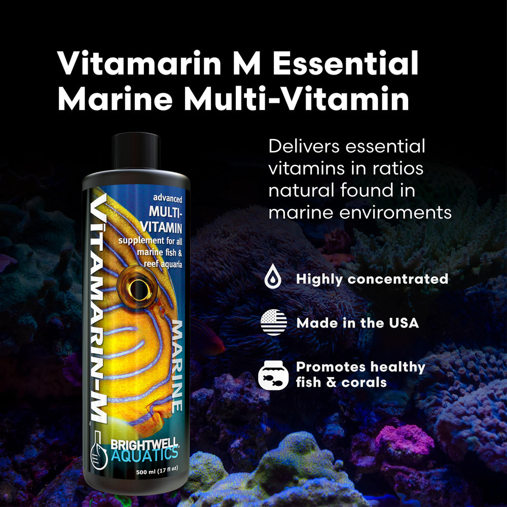 Vitamarin-M label closeup showing premium marine vitamin formula for reef health.