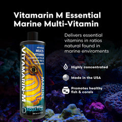 Vitamarin-M label closeup showing premium marine vitamin formula for reef health.