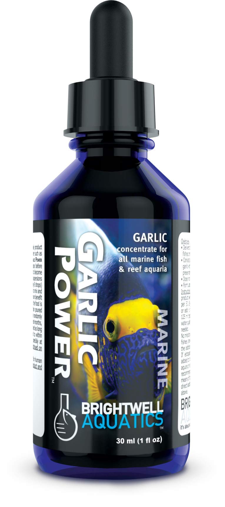 Brightwell GarlicPower bottle label signaling premium garlic extract for fish nutrition.