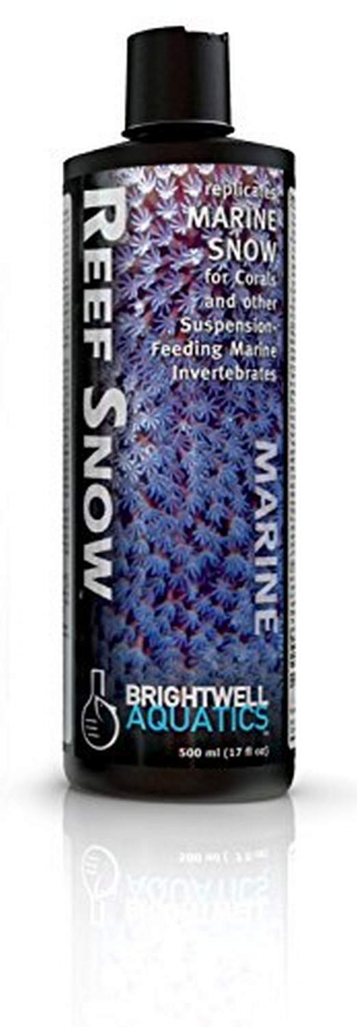 Brightwell Reef Snow bottle front showing nutrient-rich formula for corals and invertebrates.