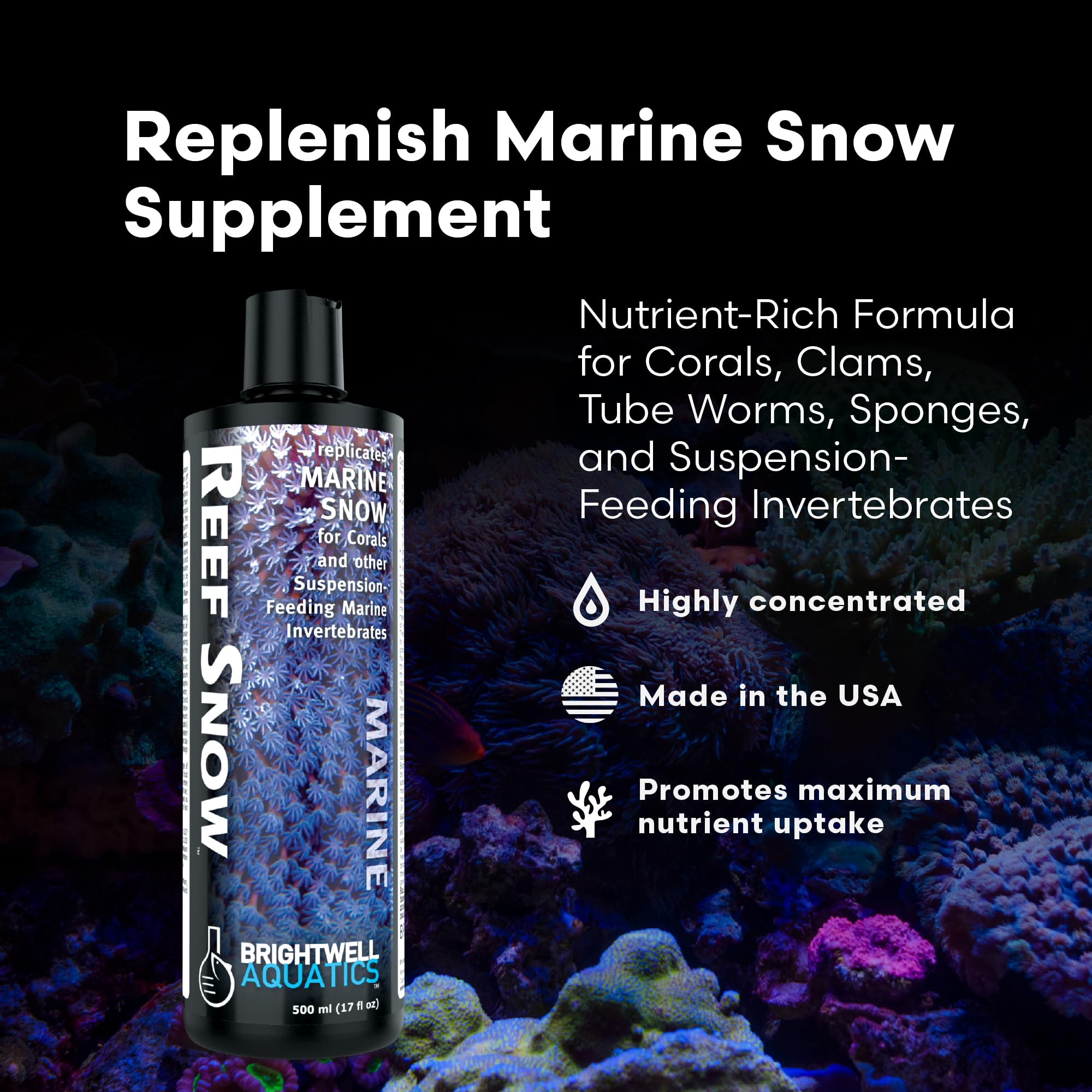 Brightwell Reef Snow bottle side view highlighting compact packaging and quality.